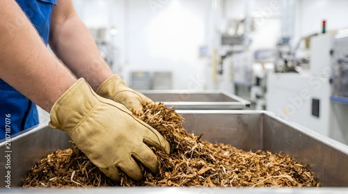 Worker Handling Shredded Tobacco in Factory Container