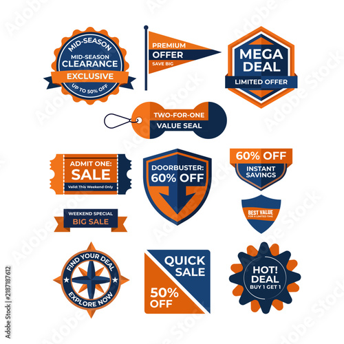 Sale and discount badges, labels, and promotional tags vector set