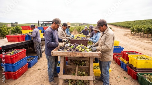 Workers Sorting Fresh Grapes On Vineyard Harvest Table For Winery Production And Seasonal Agriculture
