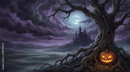 Spooky carved pumpkin sits beneath a gnarled tree in front of a distant castle under a full moon