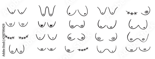 woman breast doodle hand drawn icon set. Outline drawing line clipart symbol collection. female breasts different sizes, breast cancer. 