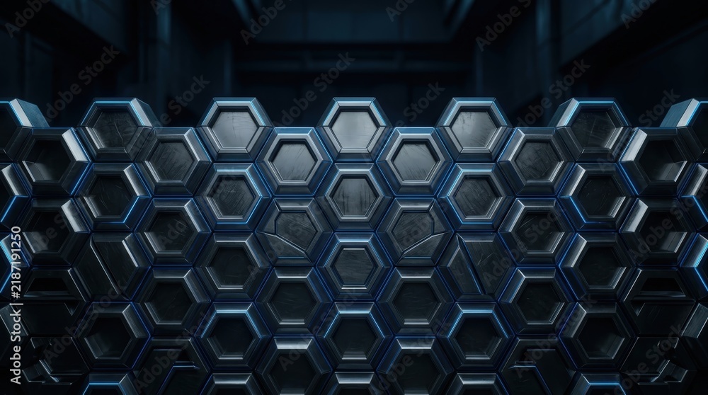 Fototapeta premium Futuristic Hexagonal Metal Grid with Blue Neon Highlights