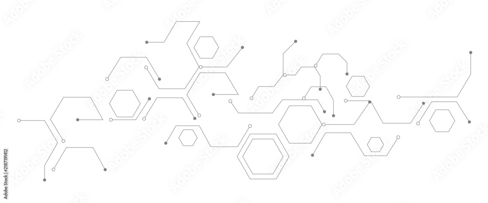 Fototapeta premium Futuristic digital circuit board pattern with hexagonal nodes, abstract black and white technology background vector, minimalist geometric data connection lines for web and tech design