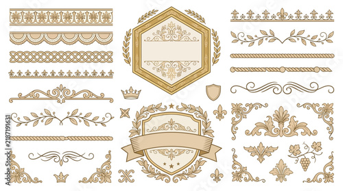 Vintage Ornamental Design Elements: Borders, Frames, Crowns, Shields, Swirls