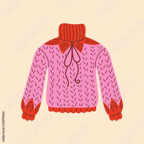 Pink Knitted Sweater with Curly Ribbon. Hand drawn jumper adorned with swirling decorative bow and playful loops in western style. Cute winter outfit, feminine fashion vector illustration, whimsical