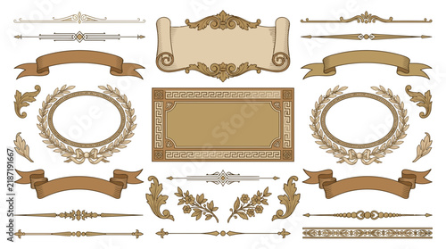 Vintage Ornamental Design Elements, Victorian Borders, Ribbons, Wreaths