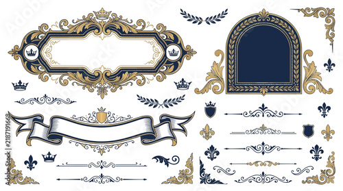 Vintage Ornamental Elements, Crests, Crowns, Banners - Isolated