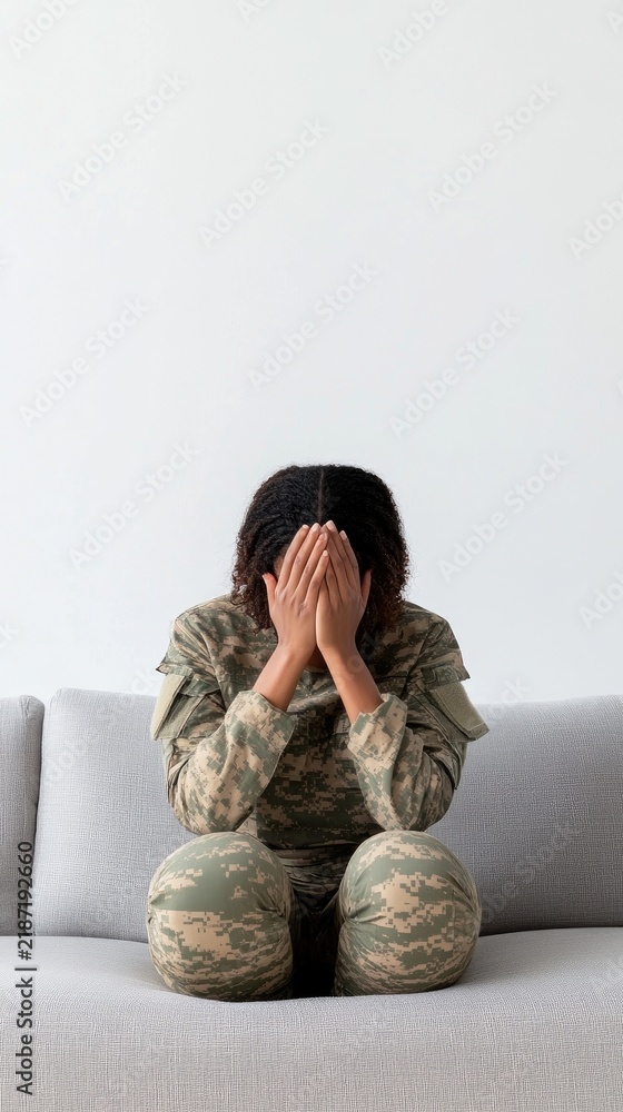 Obraz premium A black female soldier sits on a couch, covering her face with her hands, reflecting on the struggles of military life and mental health