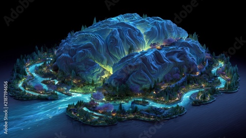 An illuminated, fantastical island landscape with glowing mountains, winding rivers, and tiny villages, all under a dark sky