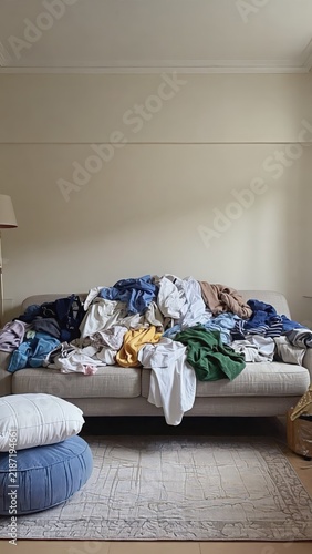 Plakat w ramie Overflowing Clothes on Sofa: A Visual Representation of Clutter, Disorganization, and a Need for Laundry Management.