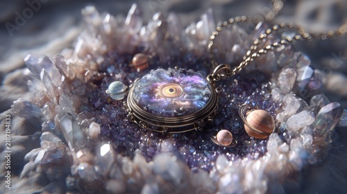 A celestial pendant necklace rests in a bed of sparkling crystals, surrounded by miniature planets. Fine details