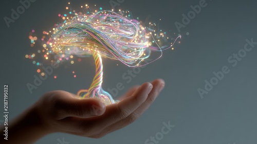 A hand cradles a luminescent tree constructed of swirling, colorful threads emitting light