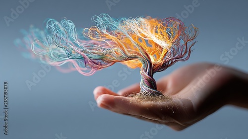 A hand cradles a miniature tree crafted from colorful, intertwined wires. The tree's 