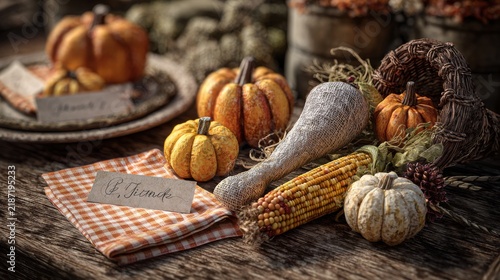 A rustic still life captures a Thanksgiving feast arrangement on a wooden table, featuring pumpkins, corn, and a turkey leg