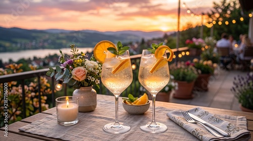 Two glasses cocktail on a restaurant at sunset