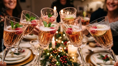 Glasses of champagne, Glasses of  wine at a festive holiday dinner