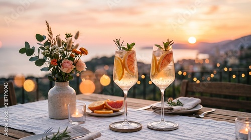 Glasses of champagne on table in a restaurant.