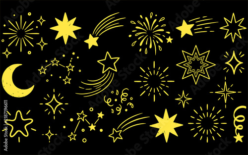 Celestial golden star and sparkle icon collection for magical design elements on black background.