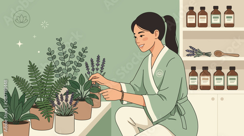 Young Woman Tending Potted Plants in Aromatherapy Spa