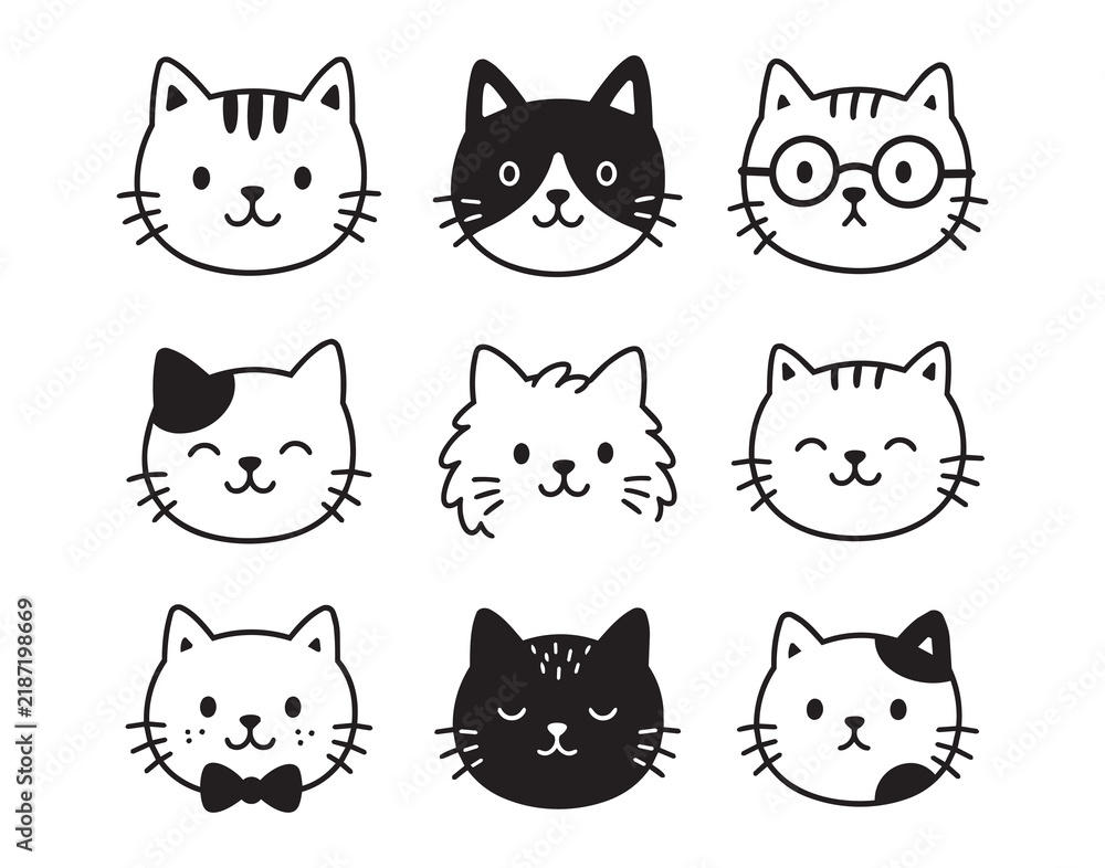 Fototapeta premium Hand drawn doodle outline cat face characters in monochrome grid with varied expressions, accessories, and markings