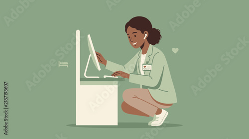 Young woman working on computer, healthcare professional, isolated on transparent background