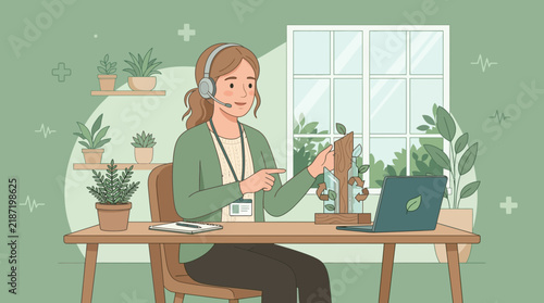 Young woman with headset teaching online botany lesson, plants, laptop