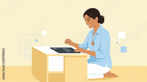 Young Woman Working on Digital Tablet at Desk, Creative Lifestyle