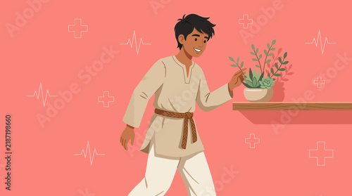 Young Indian Man Caring for Potted Succulents on Shelf, Transparent Background