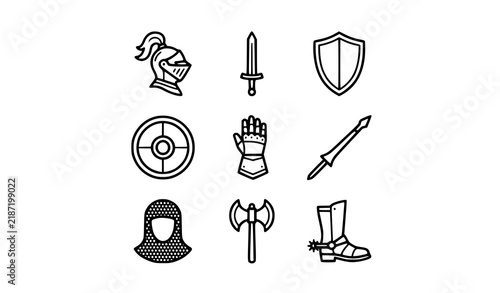 Medieval knight armor and weapons icon set with helmet sword shield and battle equipment