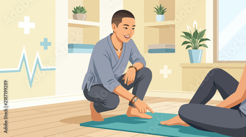Yoga Instructor Helping Student With Pose on Mat, Healthy Lifestyle Concept