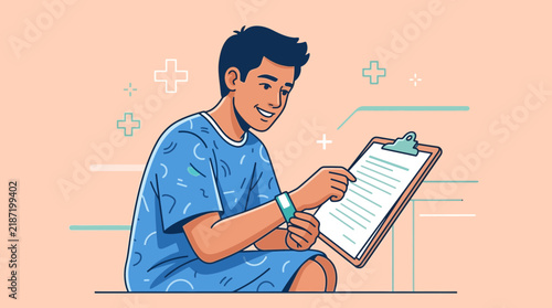 Young boy in hospital gown with smartwatch reading chart on transparent background