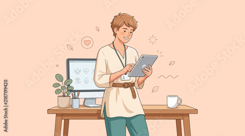 Young designer using tablet with computer and plant on desk, isolated