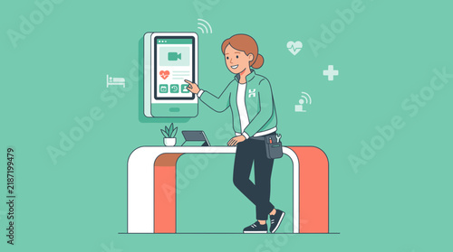 Woman using digital healthcare kiosk with medical icons
