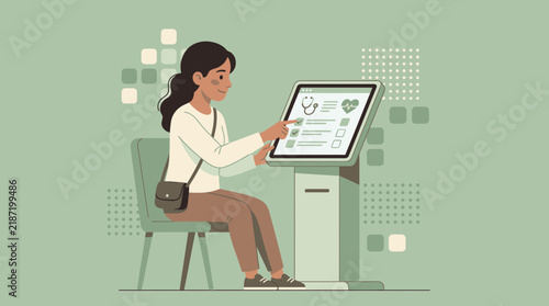 Woman Using Digital Health Kiosk for Medical Information