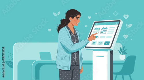 Woman Using Digital Health Kiosk for Appointment Booking