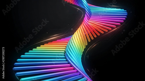 Abstract 3D rendering of a vibrant rainbow colored DNA strand or spiral staircase against a dark background
