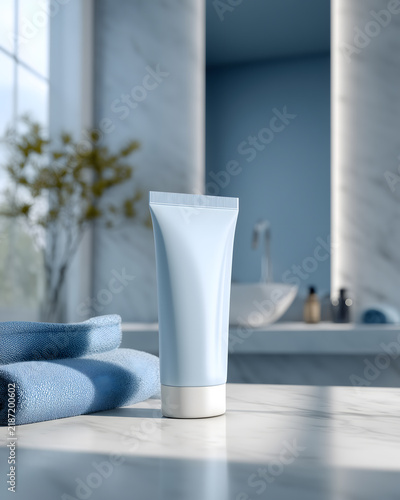 Mockup of a clean light blue cosmetic cream tube standing upright on a white marble countertop in a bright modern bathroom interior, accompanied by folded blue towels and blurred background sink.
