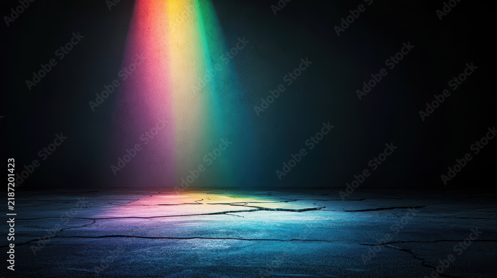 Obraz premium Vibrant rainbow beam illuminates dark, cracked surface, creating striking contrast and evoking sense of wonder