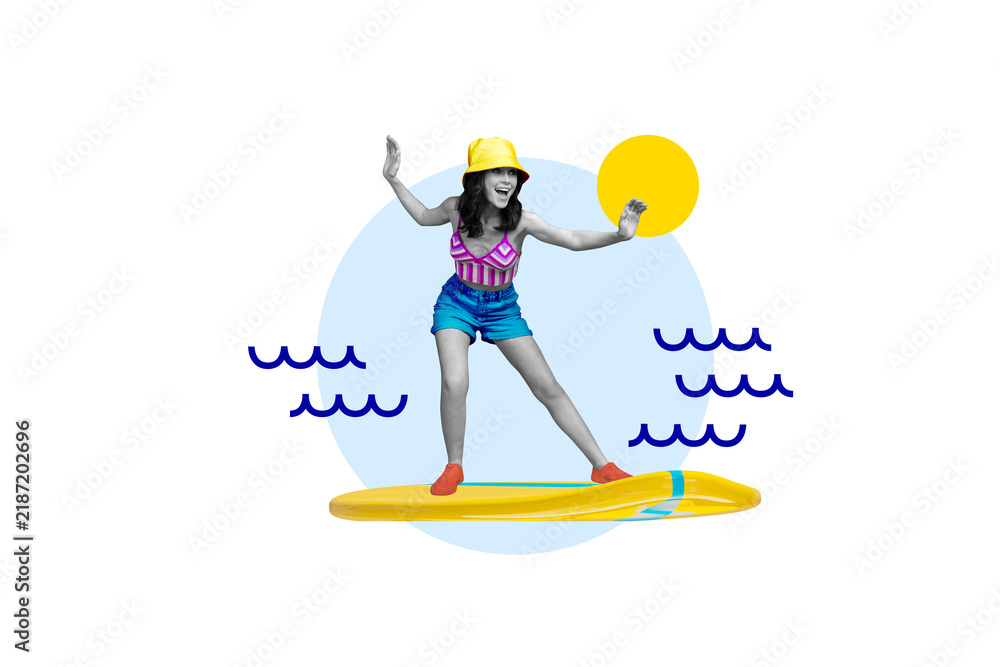 Fototapeta premium Creative picture collage young happy energetic girl traveler vacation summer time sunny weather wavy resort drawing background