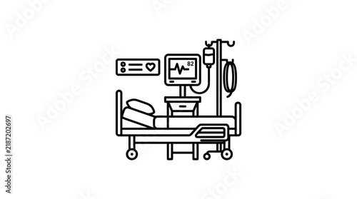 Hospital Room Bed with Medical Monitor and IV Drip, Isolated Icon