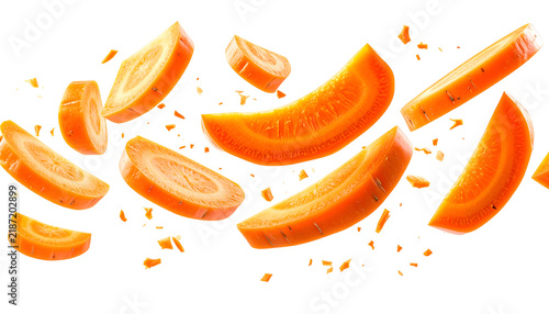 Vivid orange carrot slices in motion, scattered against a black backdrop