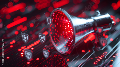 Cybersecurity warning concept featuring a glowing red metallic megaphone broadcasting small shield security symbols across a dark technological circuit board background with binary lights.