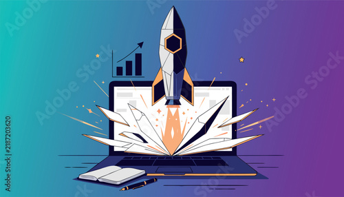 Startup Rocket Launching From An Open Laptop Screen For Business Success Vector