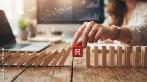 Businesswoman Hand Placing Red Risk Block to Stop Falling Wooden Dominoes Crisis Management Concept