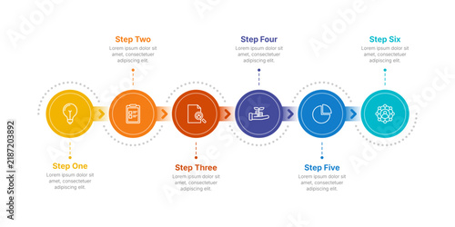 Timeline circle infographic presentation template with 6 steps or options. Six phase process info graphic. Timeline with circles, arrows and icons. Vector.