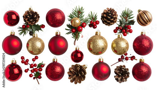 Festive arrangement of red and gold ornaments, pinecones, and greenery on black