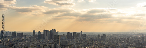 Photography Shinjuku skyscraper skyline bathed in crepuscular sunbeams during evening dusk