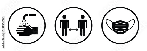 Hygiene and Safety Icons: Three circular icons depicting handwashing, social distancing, and mask-wearing, symbolizing important public health measures.