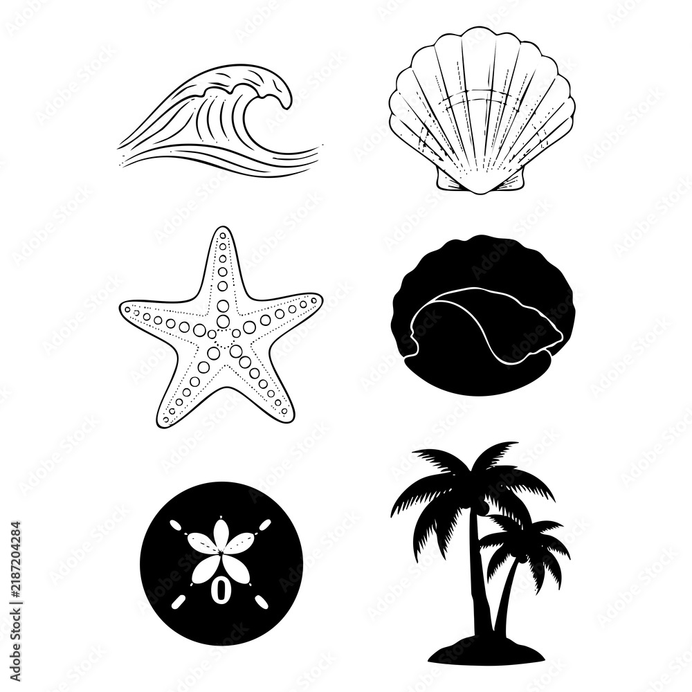 Fototapeta premium Ocean beach vector icons featuring wave starfish seashell sand dollar and palm tree