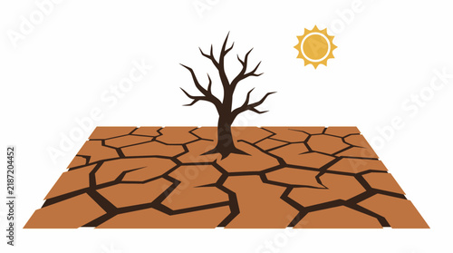 Drought cracked earth flat icon, dead tree climate disaster vector